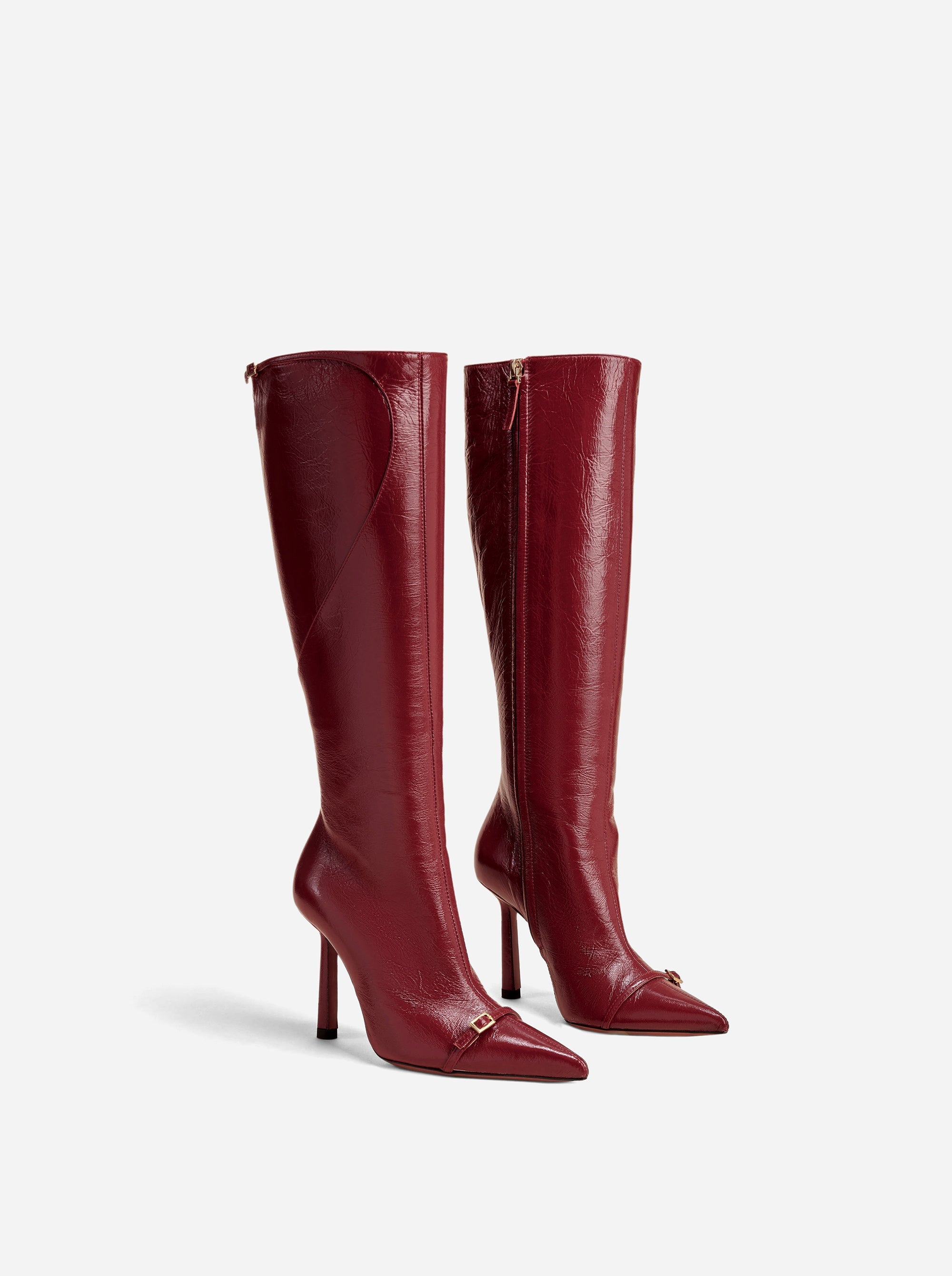 Knee High Pointy Toe Boots Rusty Red High Gloss Side
