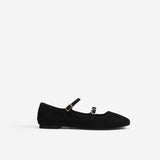 Manu Ballet Flats With Double Belt Black Suede