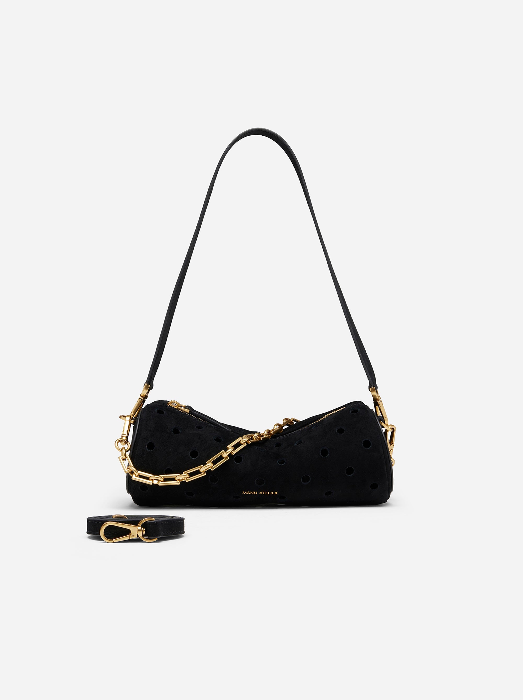 Mini Cylinder Perforated Black Suede Front