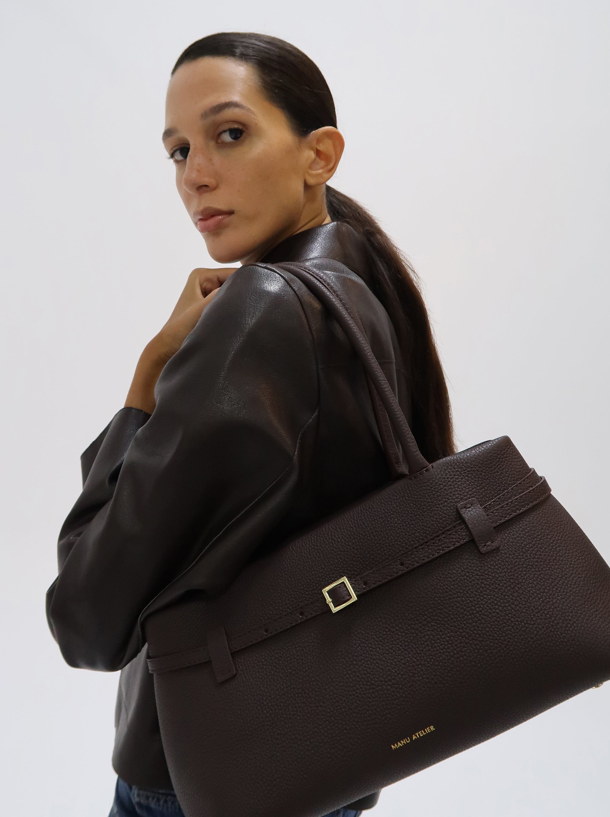 Le Cambon East West Deep Brown Calf Skin On Model